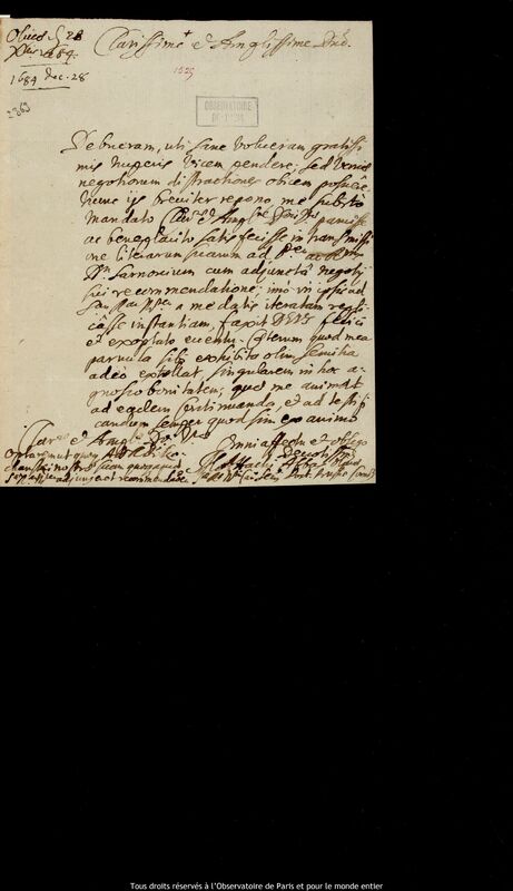 Lettre de Michal Antoni Hacki à Jan Heweliusz, Oliwa, 28 décembre 1684