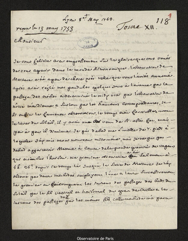 Lettre de Laurent Béraud à Joseph-Nicolas Delisle, Lyon, 8 mai 1753