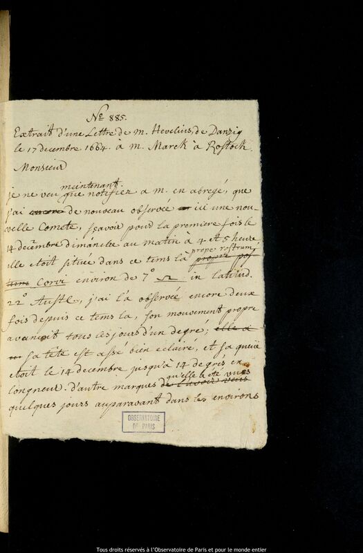 Texte manuscrit de Jan Heweliusz à Caspar March, Gdansk, 17 décembre 1664