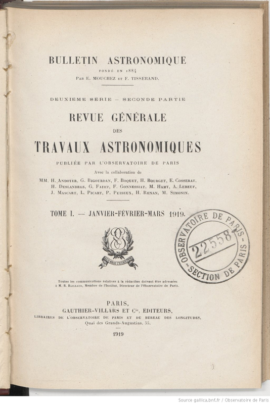 (1919-1923) Bulletin astronomique. Revue générale des travaux astronomiques