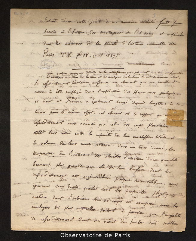 Lettre d'Elie de Beaumont, Paris le 17 novembre 1829