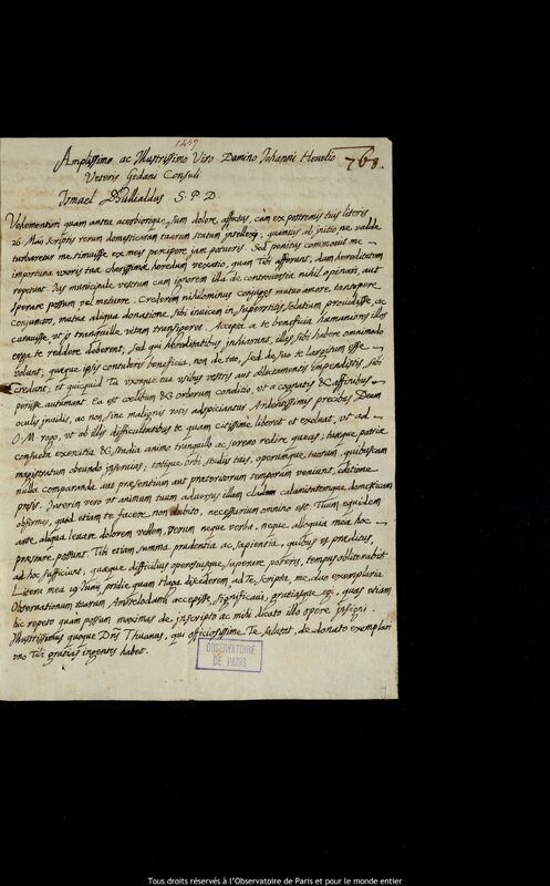 Lettre d'Ismaël Boulliau à Jan Heweliusz, Paris, 20 juillet 1662