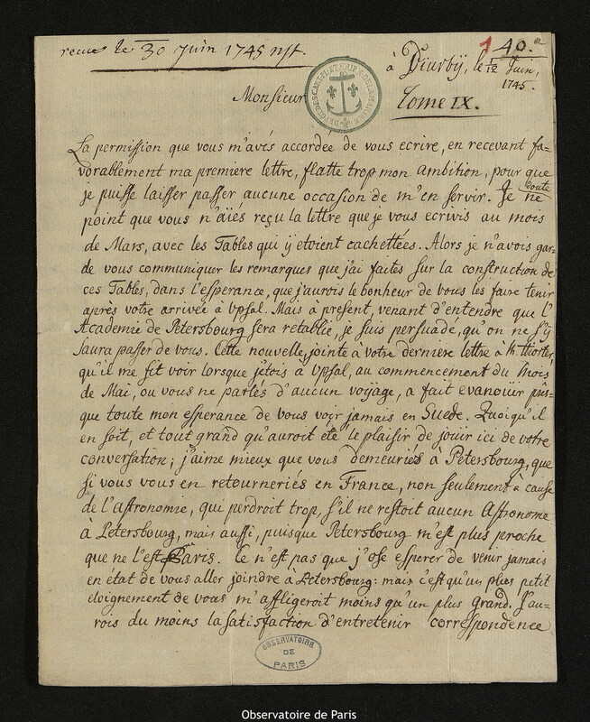 Lettre de Pehr Wilhelm Wargentin à Joseph-Nicolas Delisle, Diurbÿ, 12 juin 1745