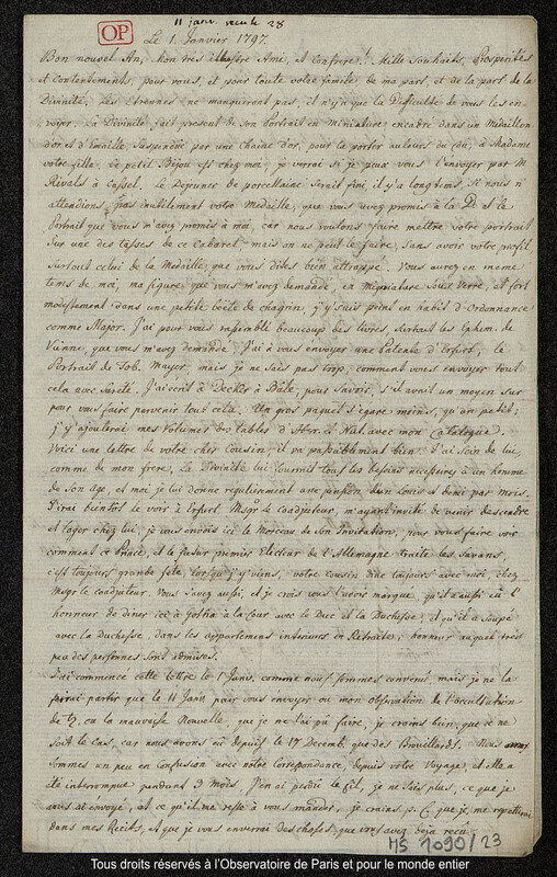 Lettre du baron Franz Xaver von Zach à Joseph Jérôme Le françois de Lalande [Gotha], 1er janvier 1797