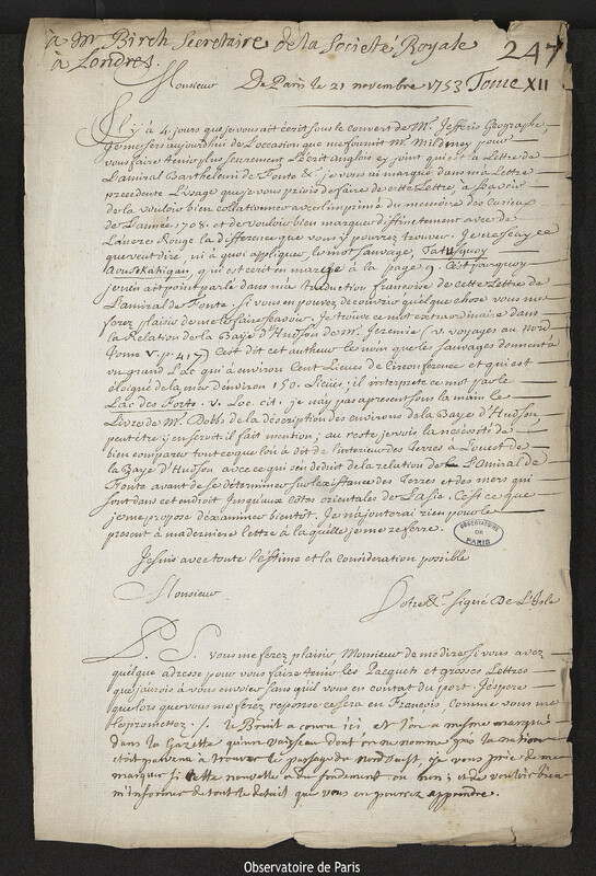 Lettre de Joseph-Nicolas Delisle à Thomas Birch, Paris, 21 novembre 1753