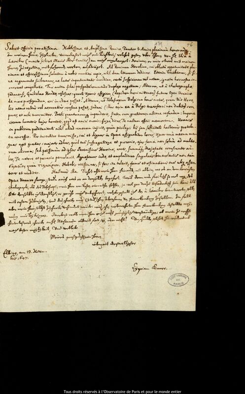 Lettre de Cyprian Kinner à Jan Heweliusz, Elblag, 13 novembre 1647