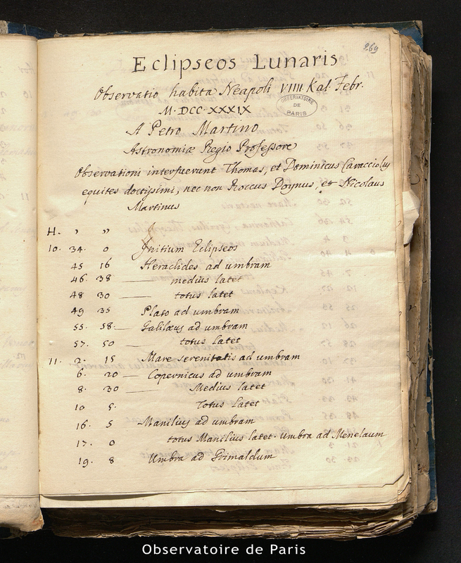 Observations de l'éclipse de Lune à Naples le 24 janvier 1739 par Pietro de Martino, professeur royal d'astronomie