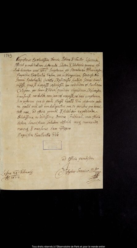 Lettre de Joseph Securius à Jan Heweliusz, Leszno, 24 février 1677