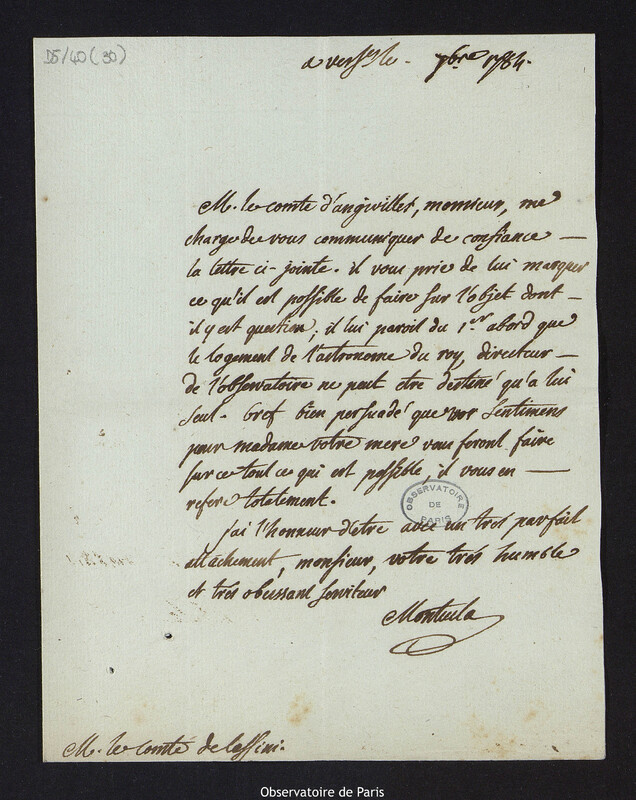 Lettre du comte d'Angiviller à Cassini IV, à Versailles en septembre 1784