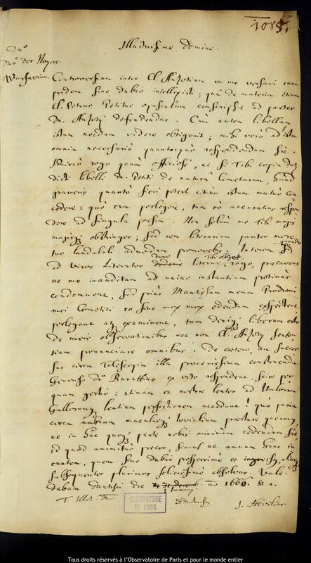 Lettre de Jan Heweliusz à Pierre Des Noyers, Gdansk, 1er janvier 1666