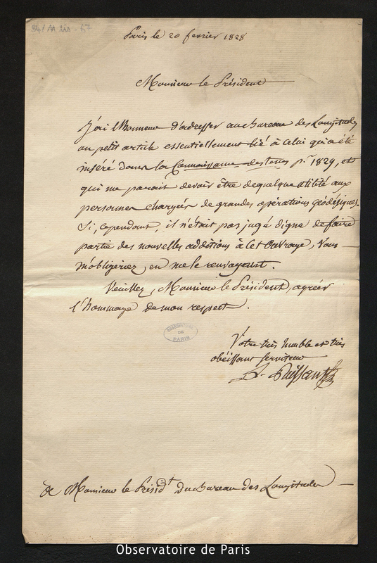 Lettre de Puissant à M. le Président du Bureau des Longitudes, Paris le 20 février 1828