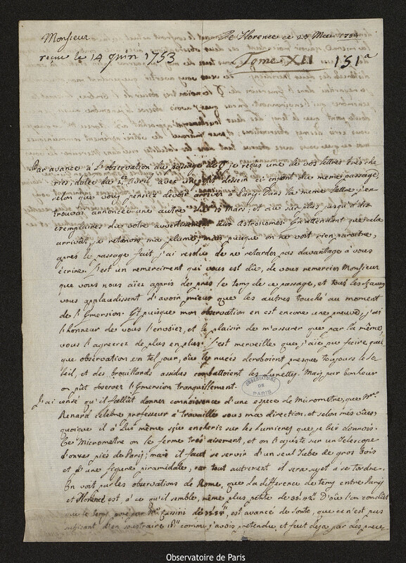 Lettre de Leonardo Ximenes à Joseph-Nicolas Delisle, Florence, 23 mai 1753