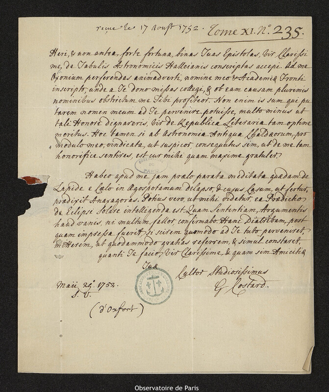 Lettre de George Costard à Joseph-Nicolas Delisle, Oxford, 25 mai 1752