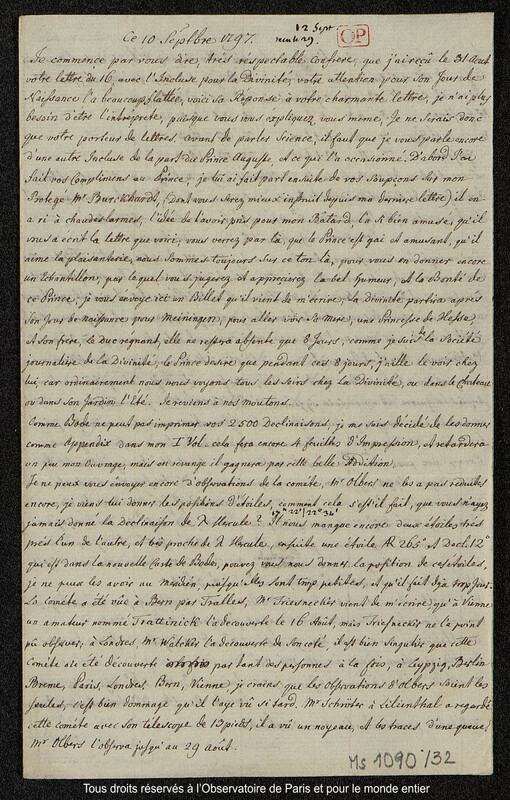 Lettre du baron Franz Xaver von Zach à Joseph Jérôme Le françois de Lalande [Gotha], 10 septembre 1797