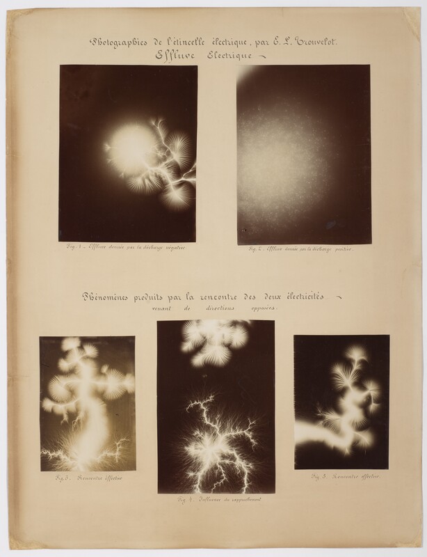 Photographies de l’étincelle électrique par E. L. Trouvelot. Effluve électrique : effluve donnée par ladécharge négative [figure 1], effluve donnée par la décharge positive [figure 2]. Phénomènes produits par la rencontre de deux électricités venant de directions opposées : rencontre effective (figures 3 et 5), influence du rapprochement (figure 4) (titre original)