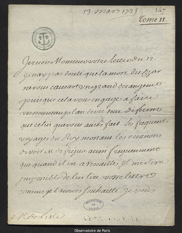 Lettre de Jean-Baptiste-Henri du Trousset de Valincour à Joseph-Nicolas Delisle, 13 mars 1725