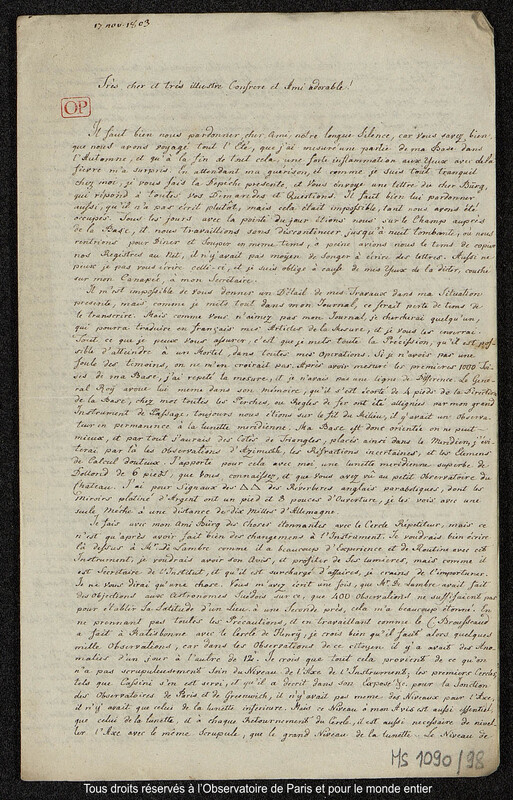 Lettre du baron Franz Xaver von Zach à Joseph Jérôme Le françois de Lalande [Gotha], 17 novembre 1803