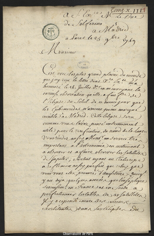 Lettre de Joseph-Nicolas Delisle à Francesco Gonzaga, duc de Solférino, Paris, 25 novembre 1749