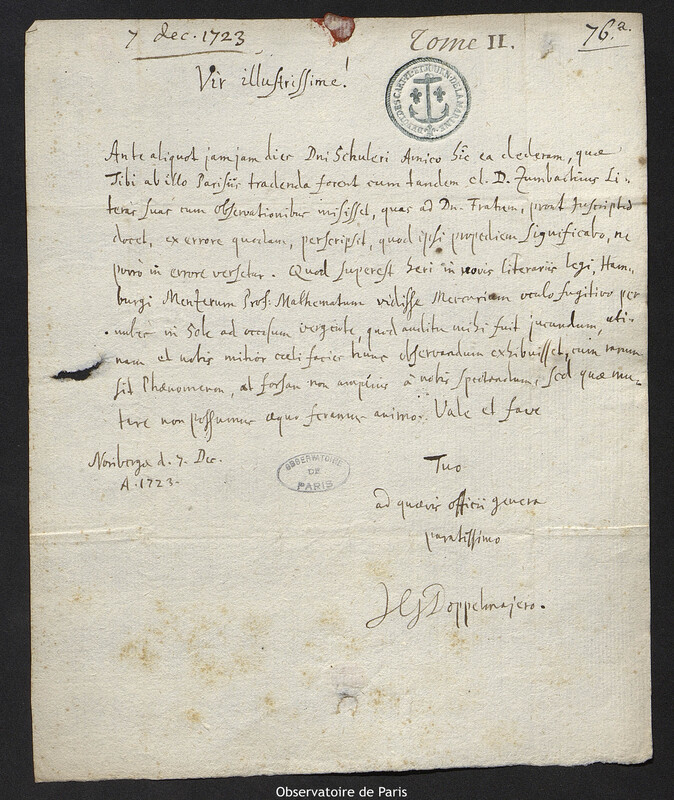 Lettre de Johann Gabriel Doppelmayr à Joseph-Nicolas Delisle, Nuremberg, 7 décembre 1723