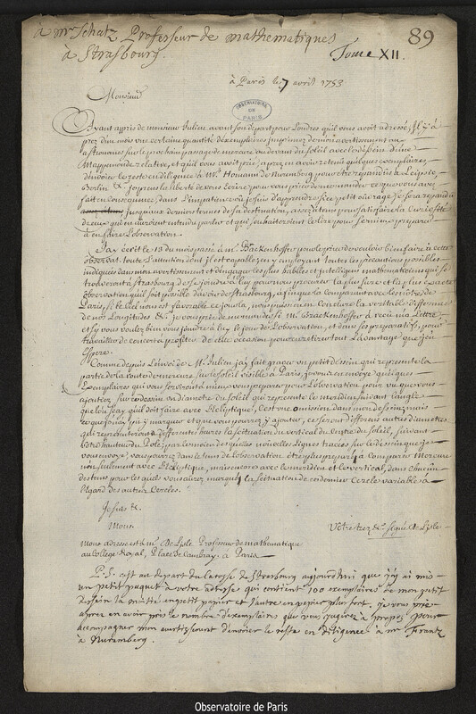 Lettre de Joseph-Nicolas Delisle à Jean-Jacques Schatz, Paris, 7 avril 1753