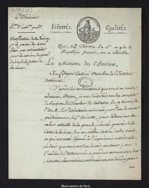 Lettre de Jean-Antoine Chaptal, ministre de l'Intérieur à Cassini IV, 24 décembre 1800