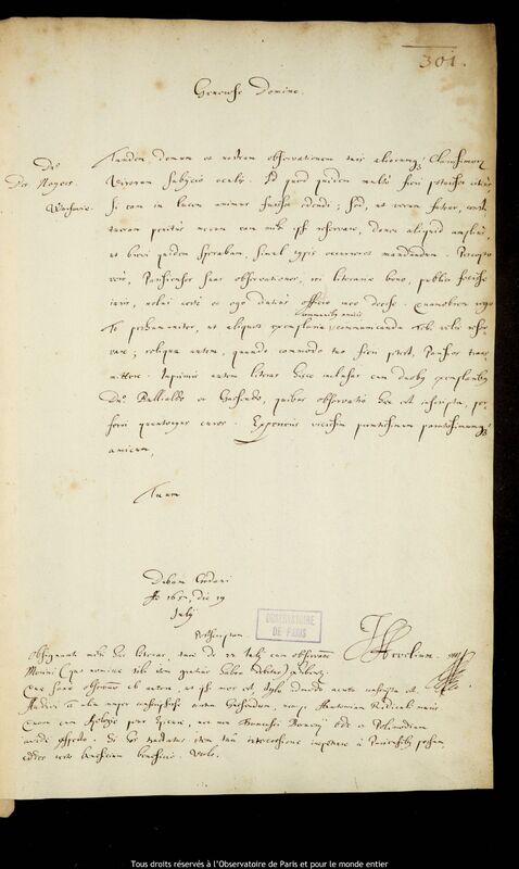 Lettre de Jan Heweliusz à Pierre Des Noyers, Gdansk, 29 juillet 1652