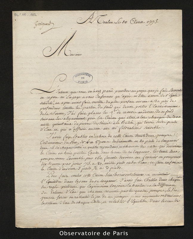 Lettre de Groignard, Toulon le 10 août 1775