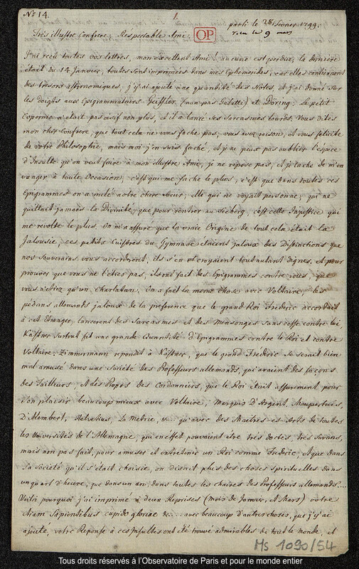 Lettre du baron Franz Xaver von Zach à Joseph Jérôme Le françois de Lalande [Gotha], 28 février 1799