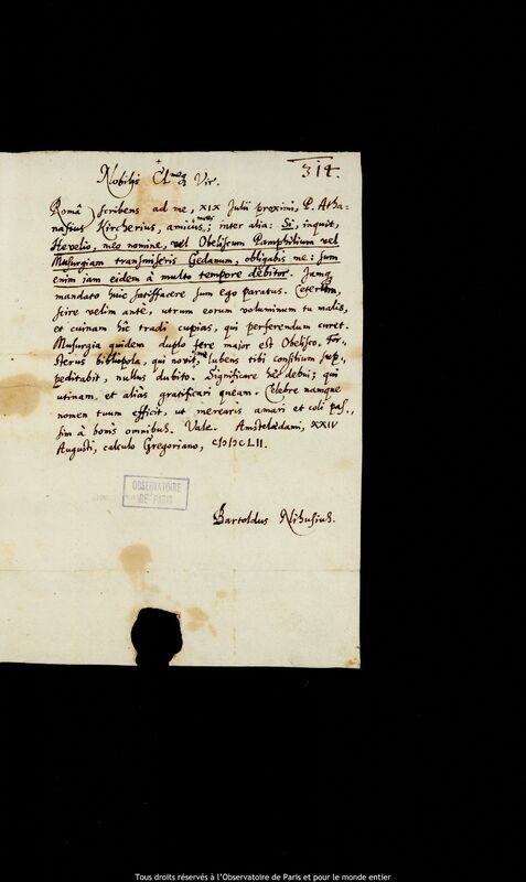 Lettre de Barthold Nihus à Jan Heweliusz, Amsterdam, 24 août 1652