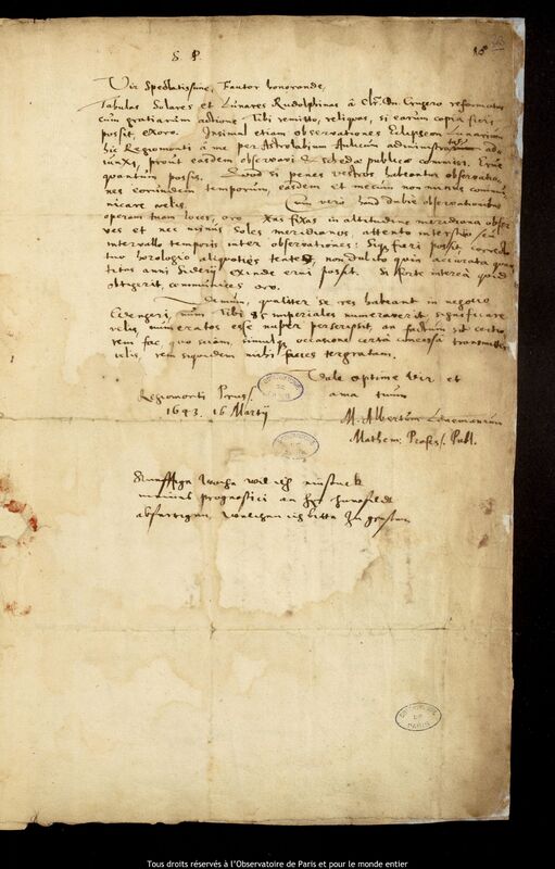 Lettre d'Albert Linemann à Jan Heweliusz, Kaliningrad, 16 mars 1643