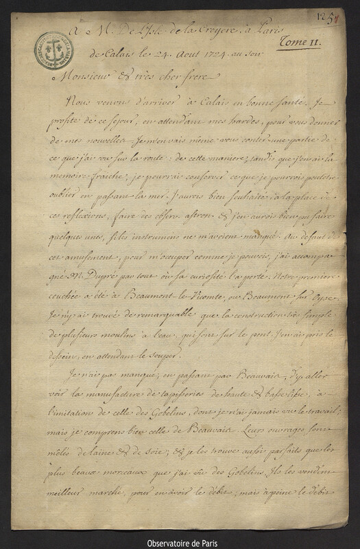 Lettre de Joseph-Nicolas Delisle à Louis Delisle de la Croyère, Calais, 24 août 1724