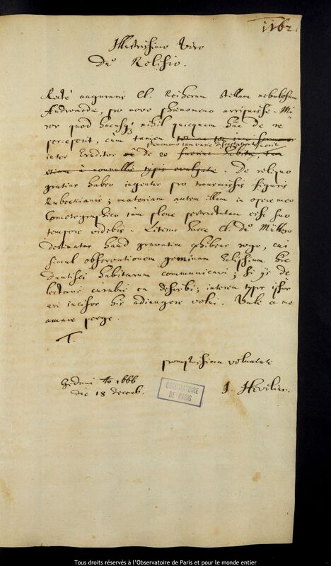 Lettre de Jan Heweliusz à Stanislaw Lubieniecki, Gdansk, 18 décembre 1666