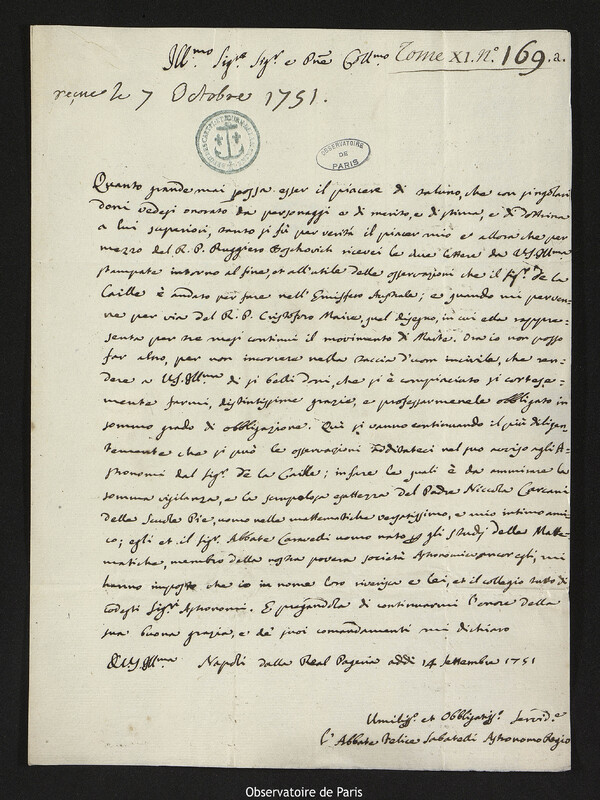 Lettre de Felice Sabatelli à Joseph-Nicolas Delisle, Naples, 14 septembre 1751