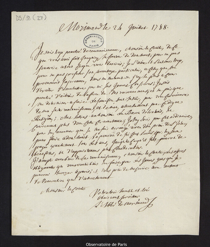 Lettre d'Antoine Chautan, abbé de Morimond à Cassini IV, 24 juillet 1788