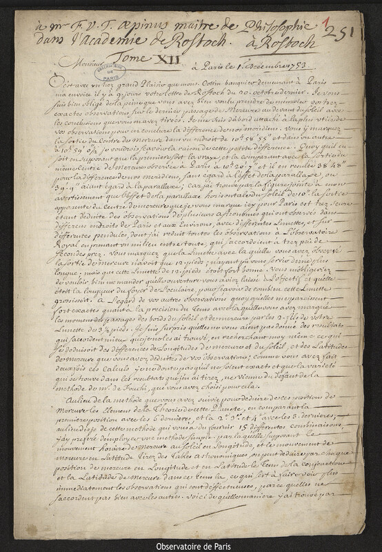 Lettre de Joseph-Nicolas Delisle à Franz Ulrich Theodor Aepinus, Paris, 1 décembre 1753