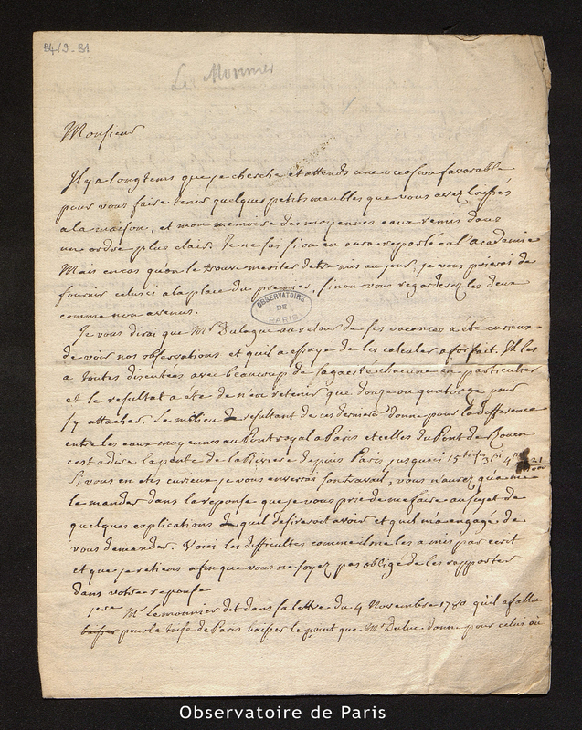 Lettre de Bouin à Le Monnier, vers [1780-1781]