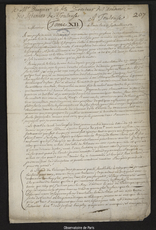 Lettre de Joseph-Nicolas Delisle à Augustin Darquier de Pellepoix, Paris, 24 septembre 1753