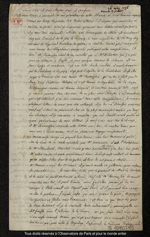 Lettre du baron Franz Xaver von Zach à Joseph Jérôme Le françois de Lalande [Gotha], 16 mai 1796