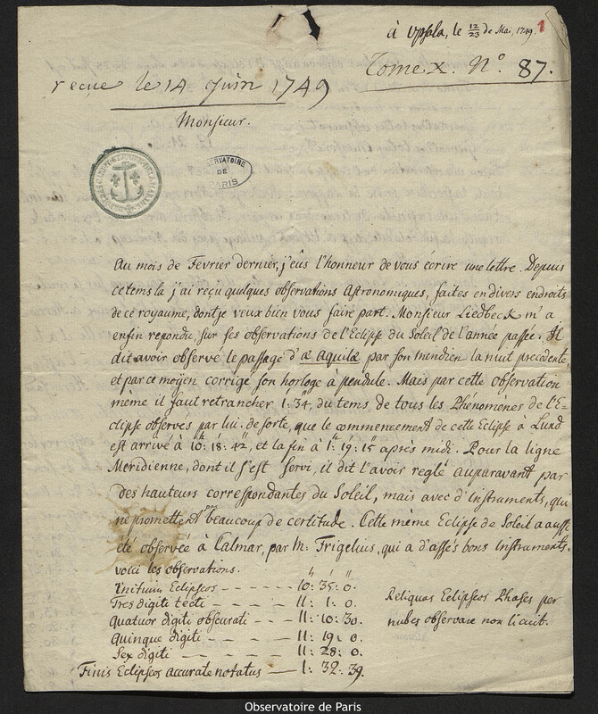 Lettre de Pehr Wilhelm Wargentin à Joseph-Nicolas Delisle, Uppsala, 23 mai 1749