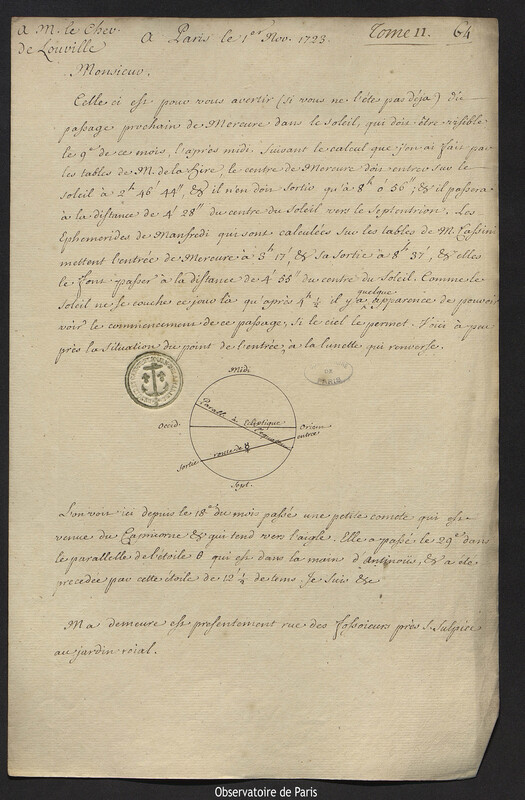 Lettre de Joseph-Nicolas Delisle à Jacques d'Allonville de Louville, Paris, 1 novembre 1723