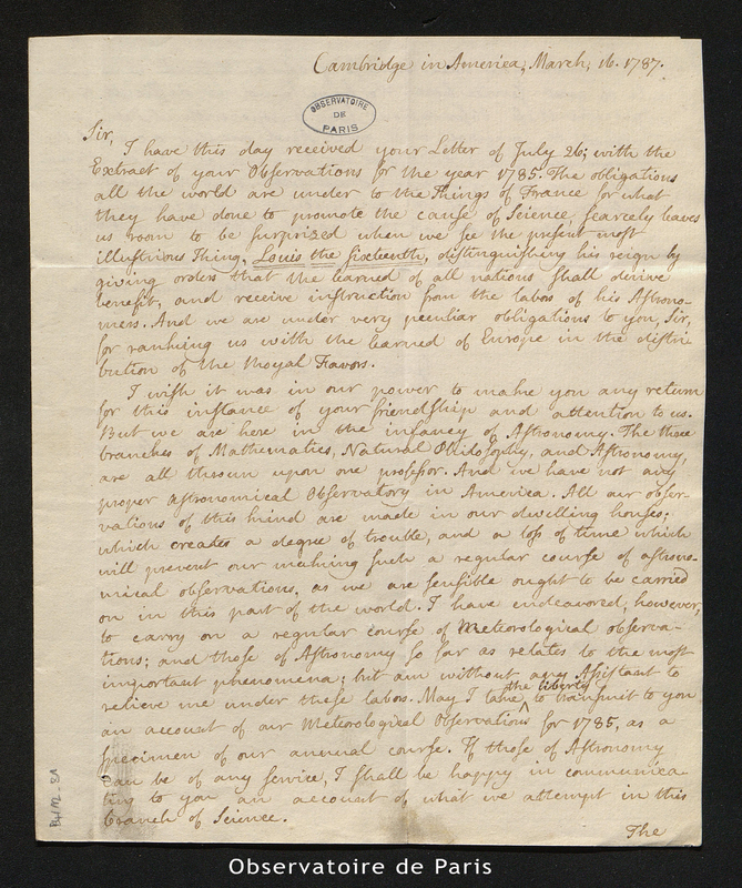 Lettre de Samuel Williams à Cassini IV, Cambridge in America le 16 mars 1787