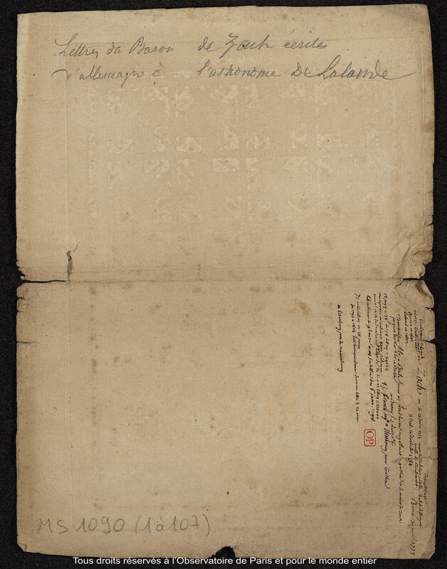 Lettre du baron Franz Xaver von Zach à Joseph Jérôme Le françois de Lalande à l'Observatoire de Gotha,12 mars 1792