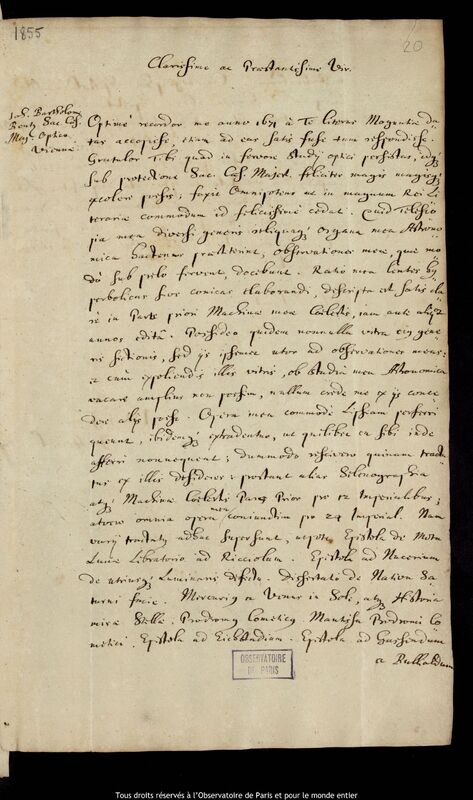 Lettre de Jan Heweliusz à Johann Bartholomäus Bentz, Gdansk, avril 1678