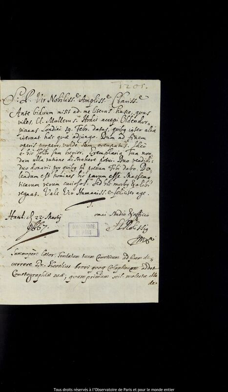 Lettre de Stanislaw Lubieniecki à Jan Heweliusz, Hambourg, 22 mars 1667