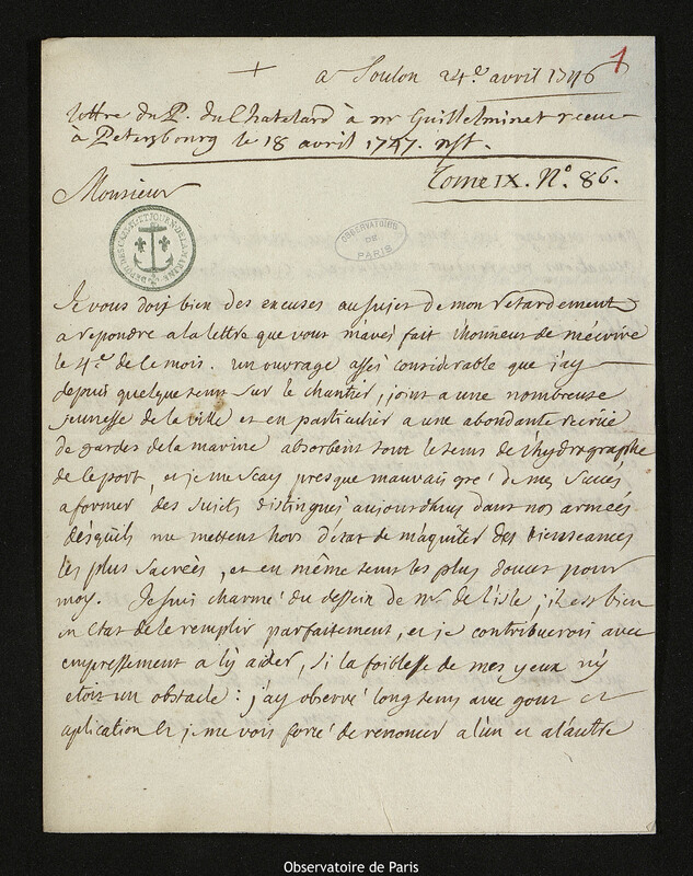 Lettre de Jean-Jacques Du Chatelard à Pierre-François de Guilleminet, Toulon, 24 avril 1746