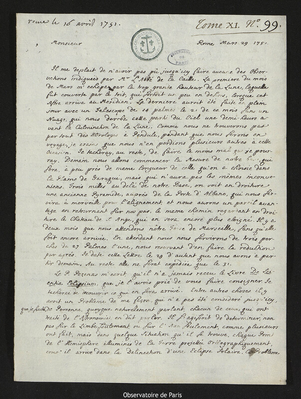 Lettre de Christopher Maire à Joseph-Nicolas Delisle, Rome, 29 mars 1751