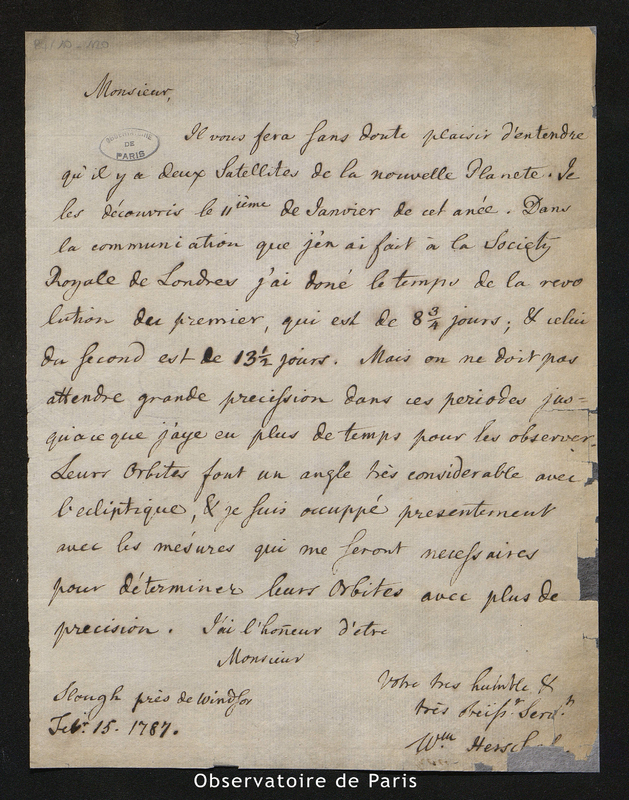 Lettre de Herschel, Slough près de Windsor le 15 février 1787