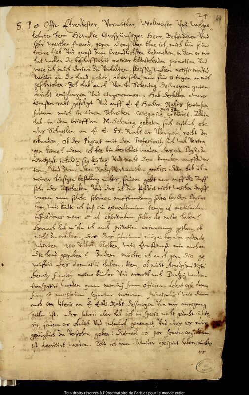 Lettre de Lorenz Eichstaedt à Jan Heweliusz, Szczecin, 7 août 1644