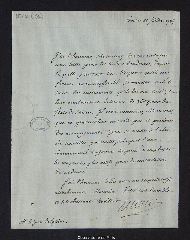 Lettre de M. Le Noir, lieutenant général de police de Paris à Cassini IV, à Paris le 22 juillet 1785