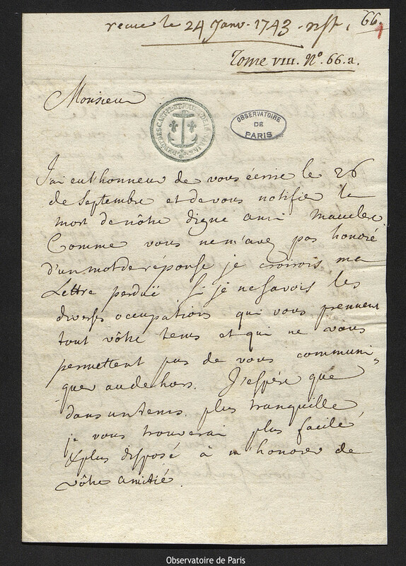 Lettre de Jacques de Pérard à Joseph-Nicolas Delisle, Szczecin, 9 janvier 1743